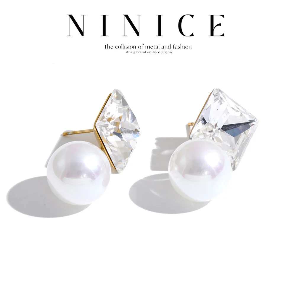 NiNice Stainless Steel K9 Crystal Imitation Pearl Earrings for Women Multi Color Elegant Statement Trendy  Party Jewelry