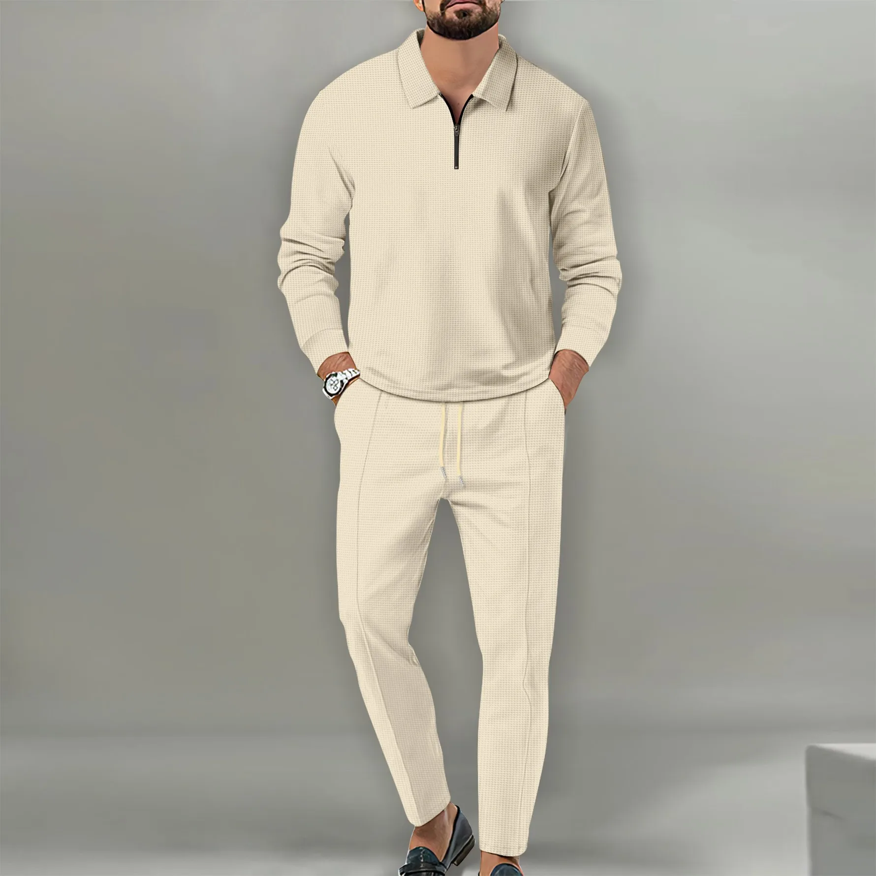Men's Long-Sleeved Sports Hoodie Set with Collar Casual Trendy Spring Autumn Outfit including Sports Pants