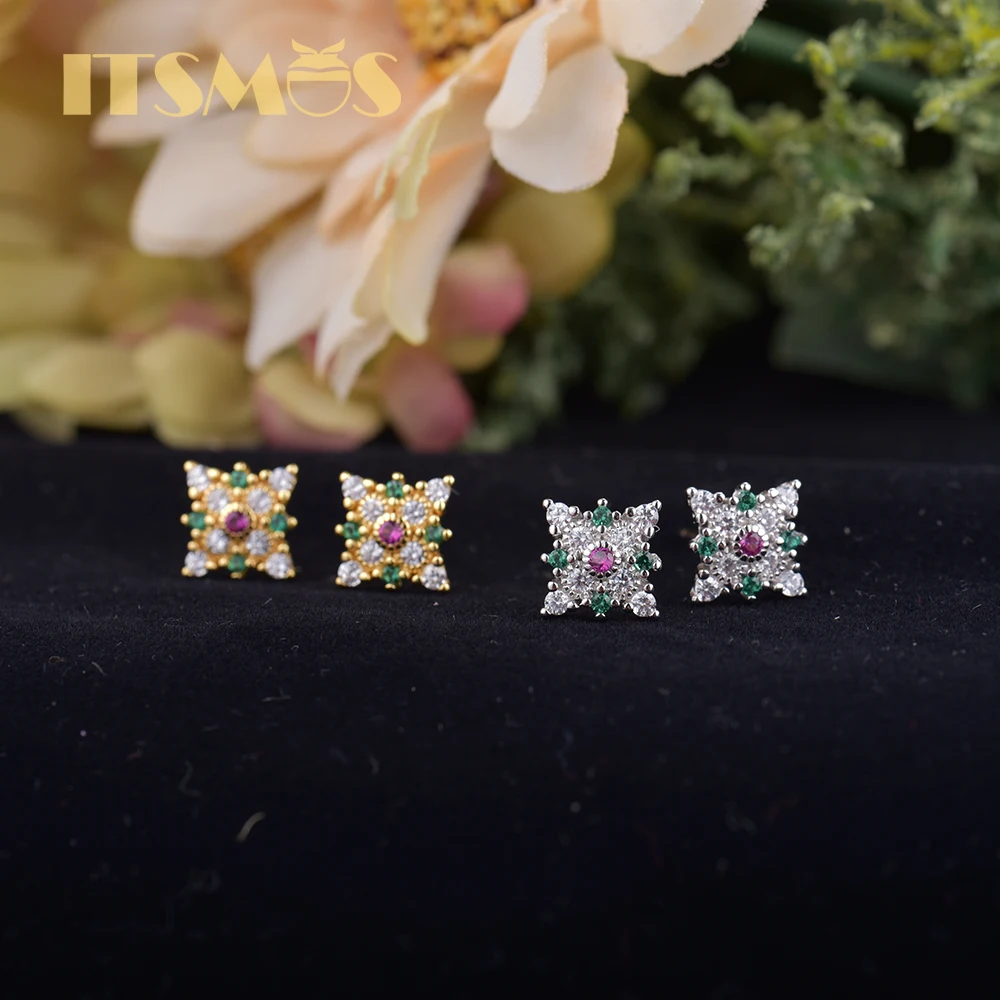 ITSMOS Vintage Square Pave Earrings s925 Sterling Silver Stud CZ Green Fuchsia Plaid Geometry French Elegant Jewelry for Women