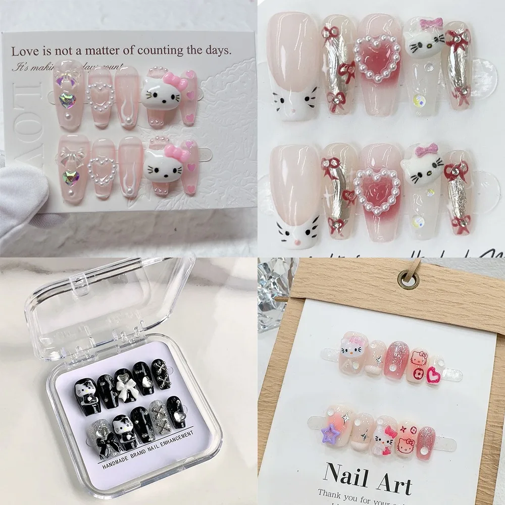 

Sanrio Hello Kitty Kawaii Cute Handwork Press-on Nails Sweet A Young Girl's Heart Fake Nails Schoolgirl Accessory Festivals Gift