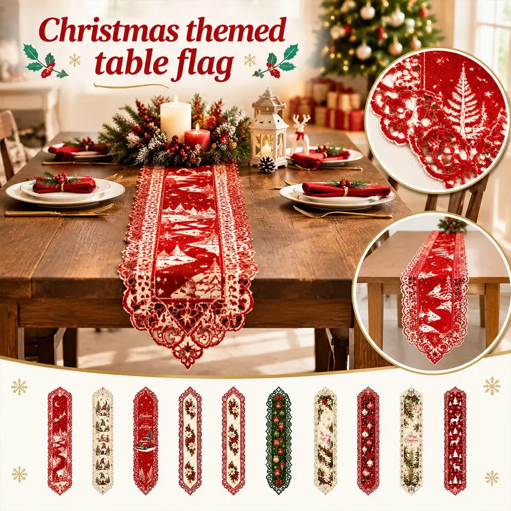 New Lace Edge Christmas Table Runner Christmas Print Classic Hollow Holiday Table Runner Table Cloth Flag Festive Table Decor