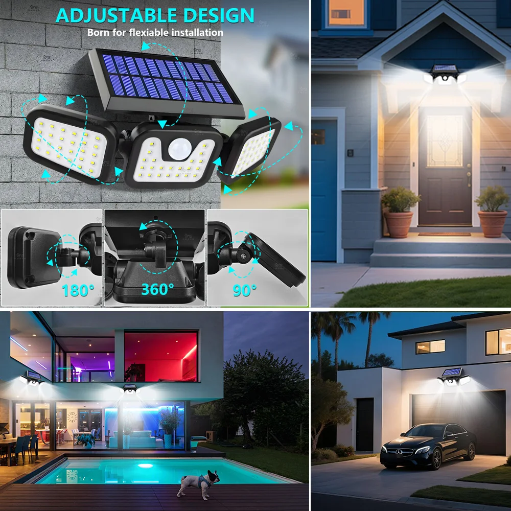 200㎡ Solar Lights Outdoor Waterproof 3Head Adjustable Exterior Solar Lamps with Motion Sensor Solar Wall Lamp Garden Accessories