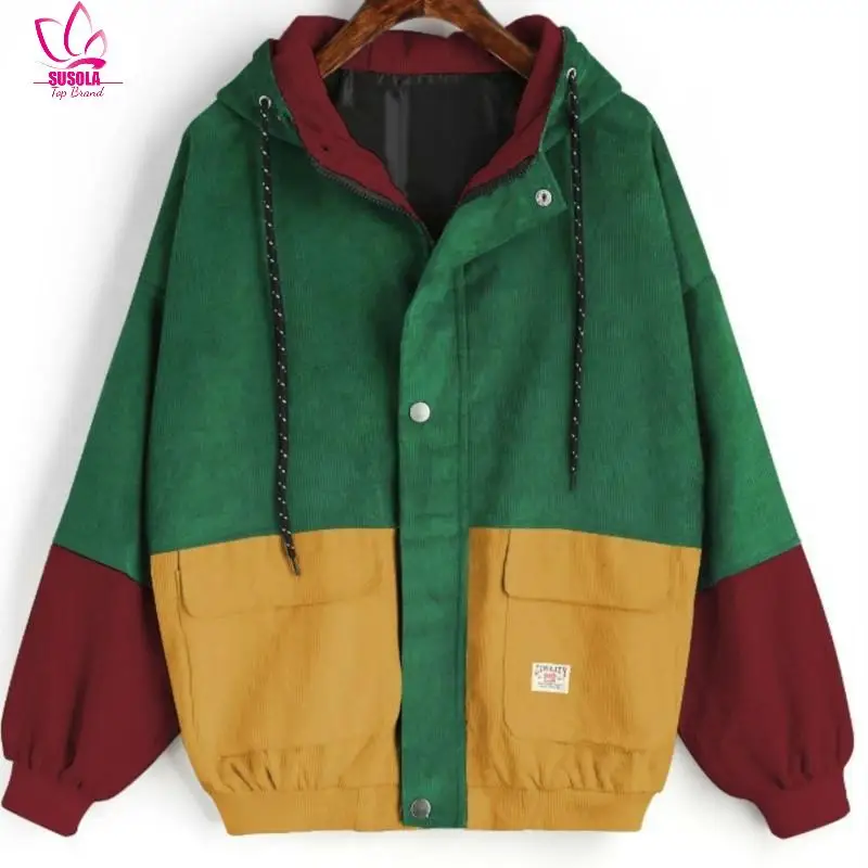 

SUSOLA Corduroy Button Jacket Korean Design Hooded Coat Autumn Women's Jacket Female Harajuku Clothes Jackets Coats Befree