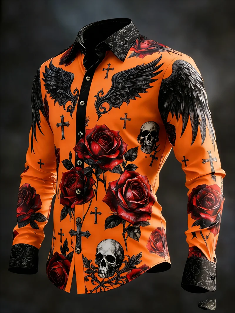 New 11 color men's long sleeved lapel shirt fashionable 3D wing printed rose pattern luxurious long sleeved shirt