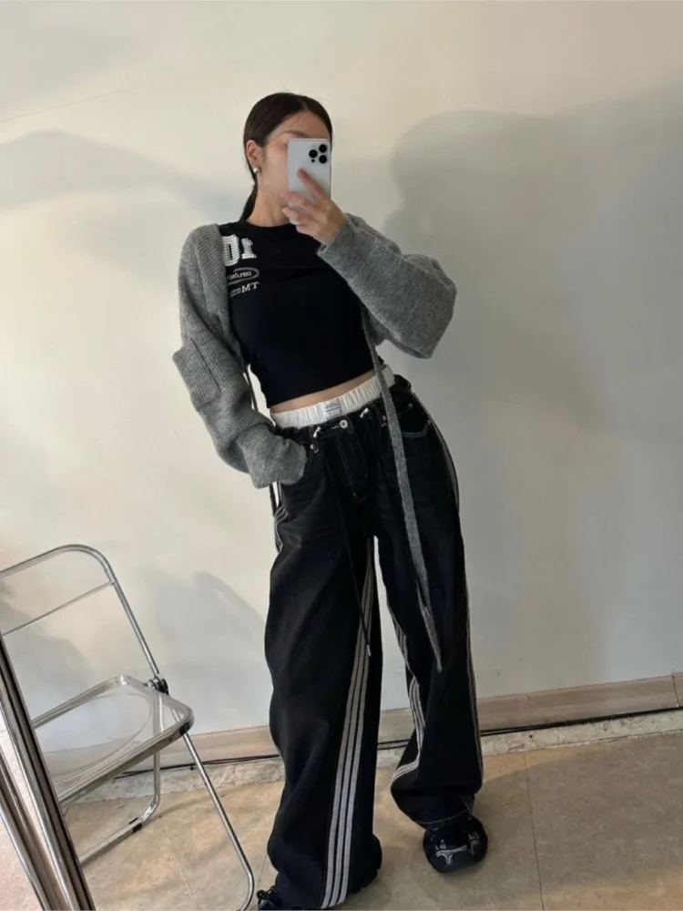 Jeans Spring Striped Patchwork Pant Women Korean Style Loose Pleated Fashion Retro Ladies Trousers Low Waist Woman Pants