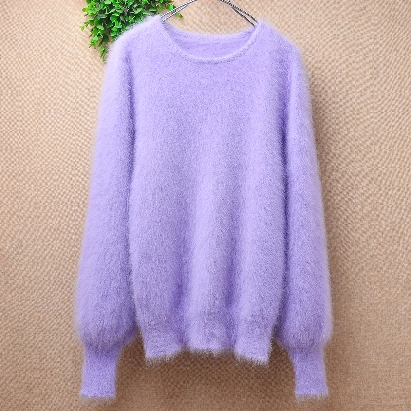 01 Female Women Fall Winter Clothing Hairy Mink Cashmere Knitted O-Neck Slim Blouses Pullover Angora Fur Jumper Sweater Pull Top