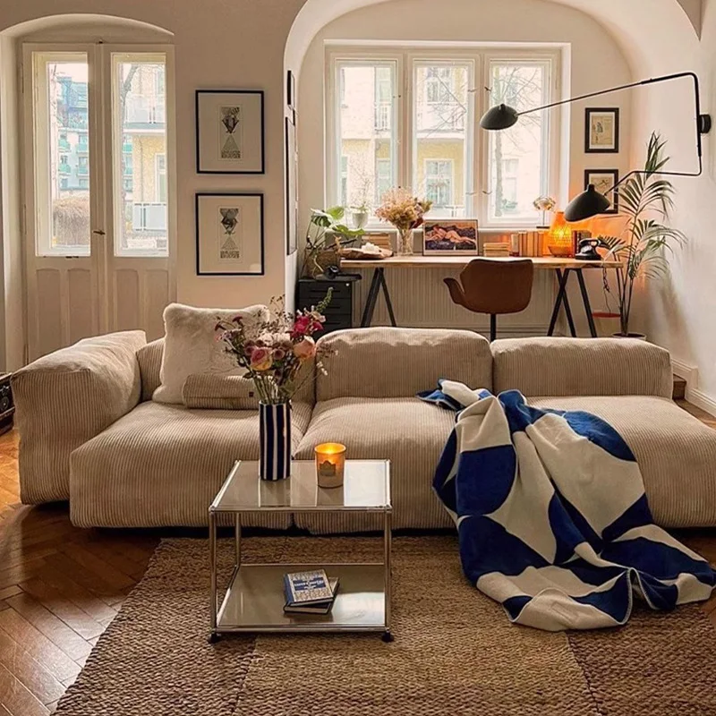 

Cream wind, modular fabric sofa, corduroy, living room, simplicity, home, solid wood frame