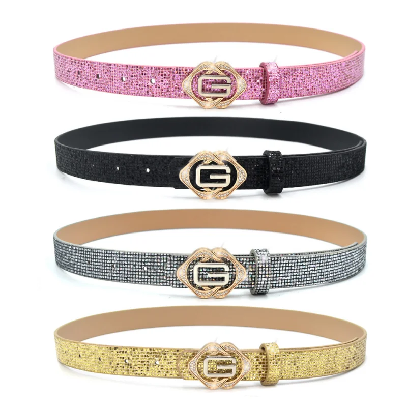 Women Glitter Rhinestone Thin Belt, Sparkly Crystal Floral Buckle Waistband, Versatile Decorative Belt for Dress Jeans Party