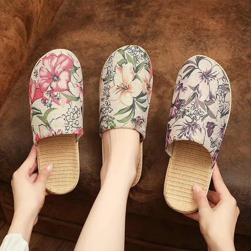 Spring Women's Indoor Slippers Creative Ink Painting Prints Couple Linen Home Slippers Non-Slip Deodorant Men Slippers