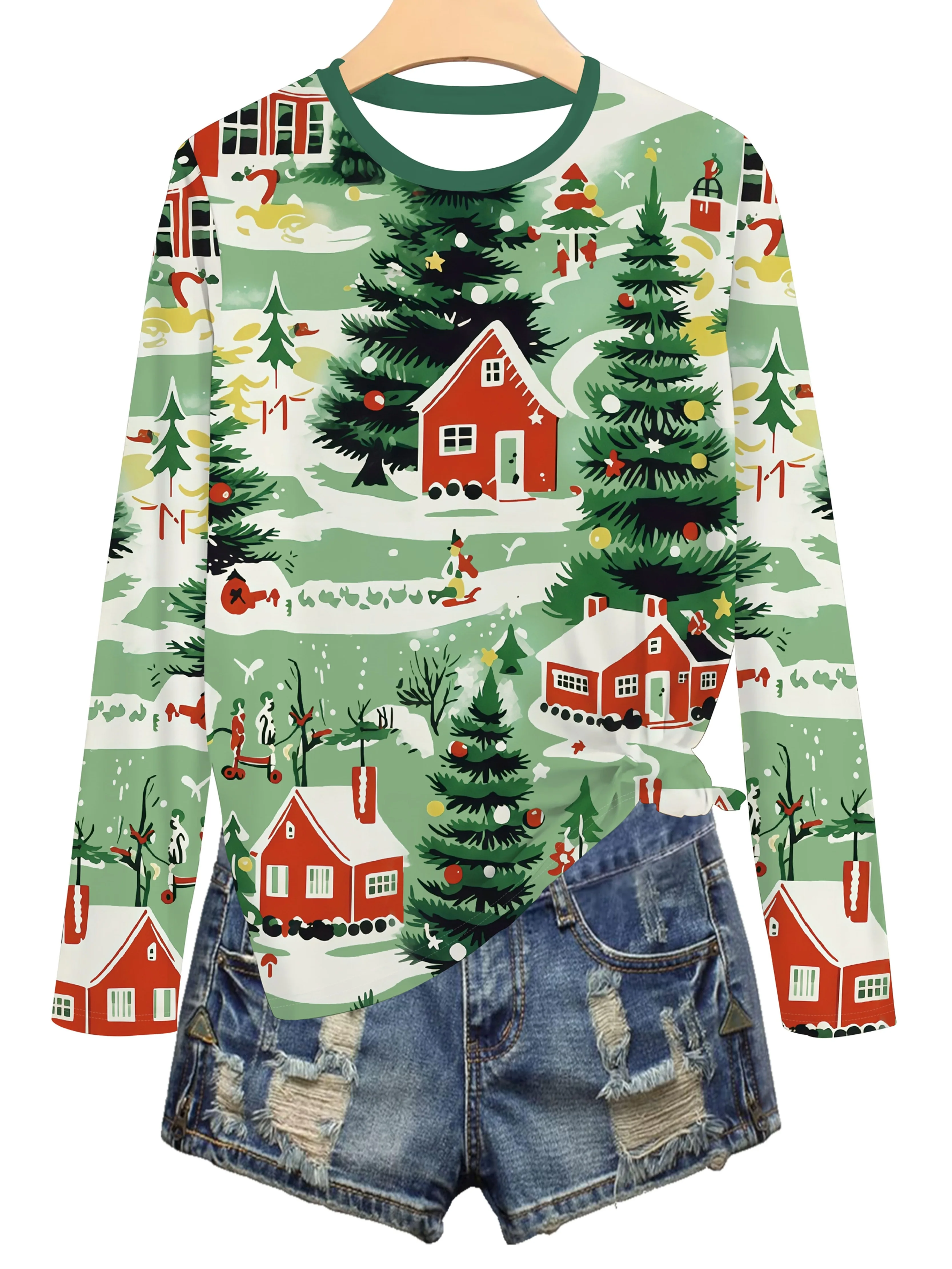 Women Round Neck Long Sleeve T‑Shirt Christmas Winter House Tree Full Print Festive Holiday Casual Party Top Women's Clothes