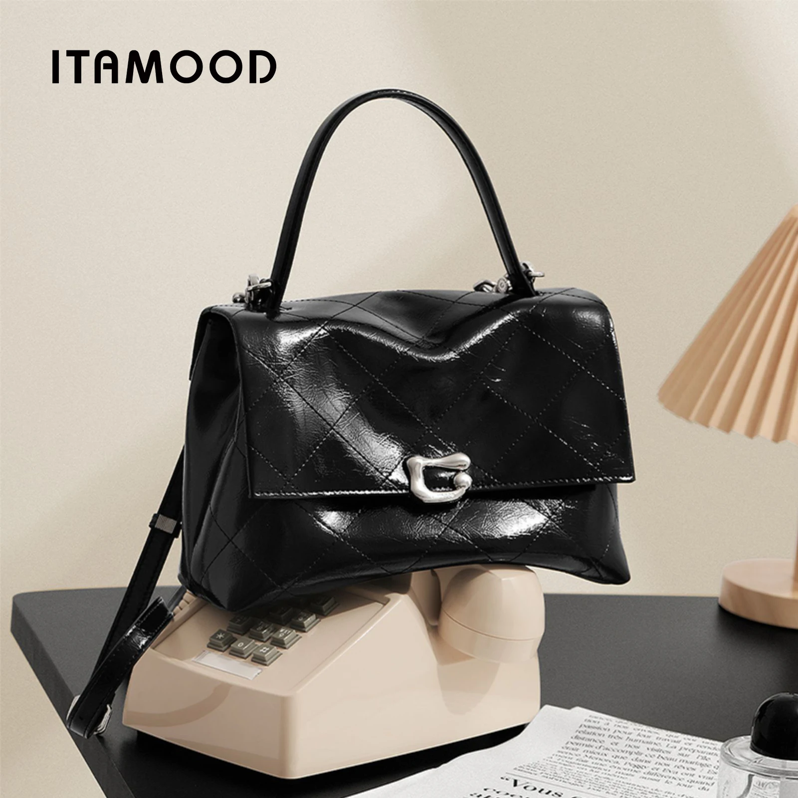 ITAMOOD Messenger Bag Textured Leather Work Commuting Large Capacity Leisure Handbag Genuine Leather Luxury Retro Tote Bag