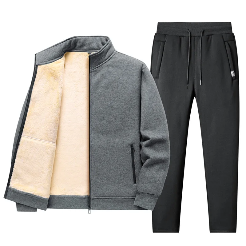 Winter Warm Cashmere Sets Thermal Hoodies Fleece Tracksuit Hooded Windproof Male Running Sportswear 2 Pieces Jacket + Pants 2025