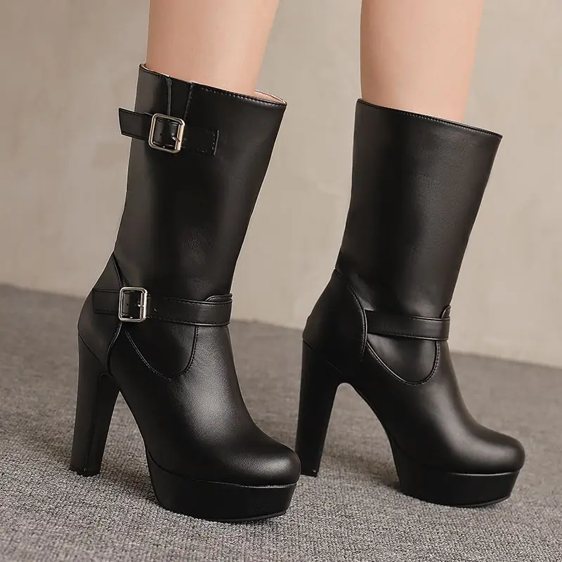 

ORCHA LISA Fashion Fashion Women's Mid Calf Boots Round Toe 12cm Block Heel 3.5cm Platform Metal Buckle Plus Size 48-50 US18