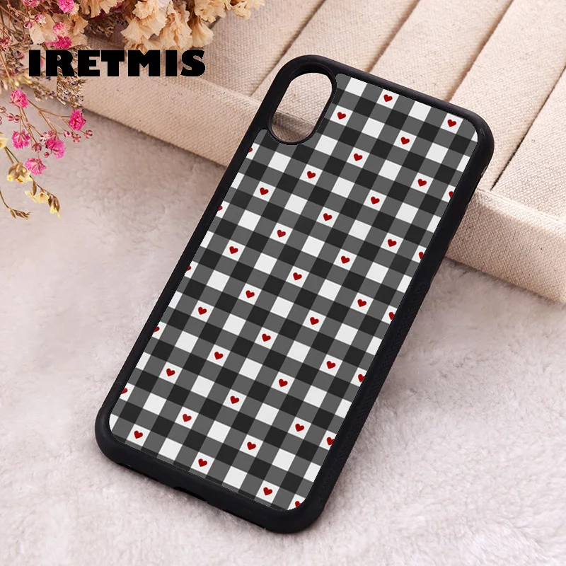 Iretmis Phone Cover Case For iPhone X XS Max XR 11 12 13 PRO MINI 14 15 16 Plus Silicone Rubber Black Picnic Hearts Gingham