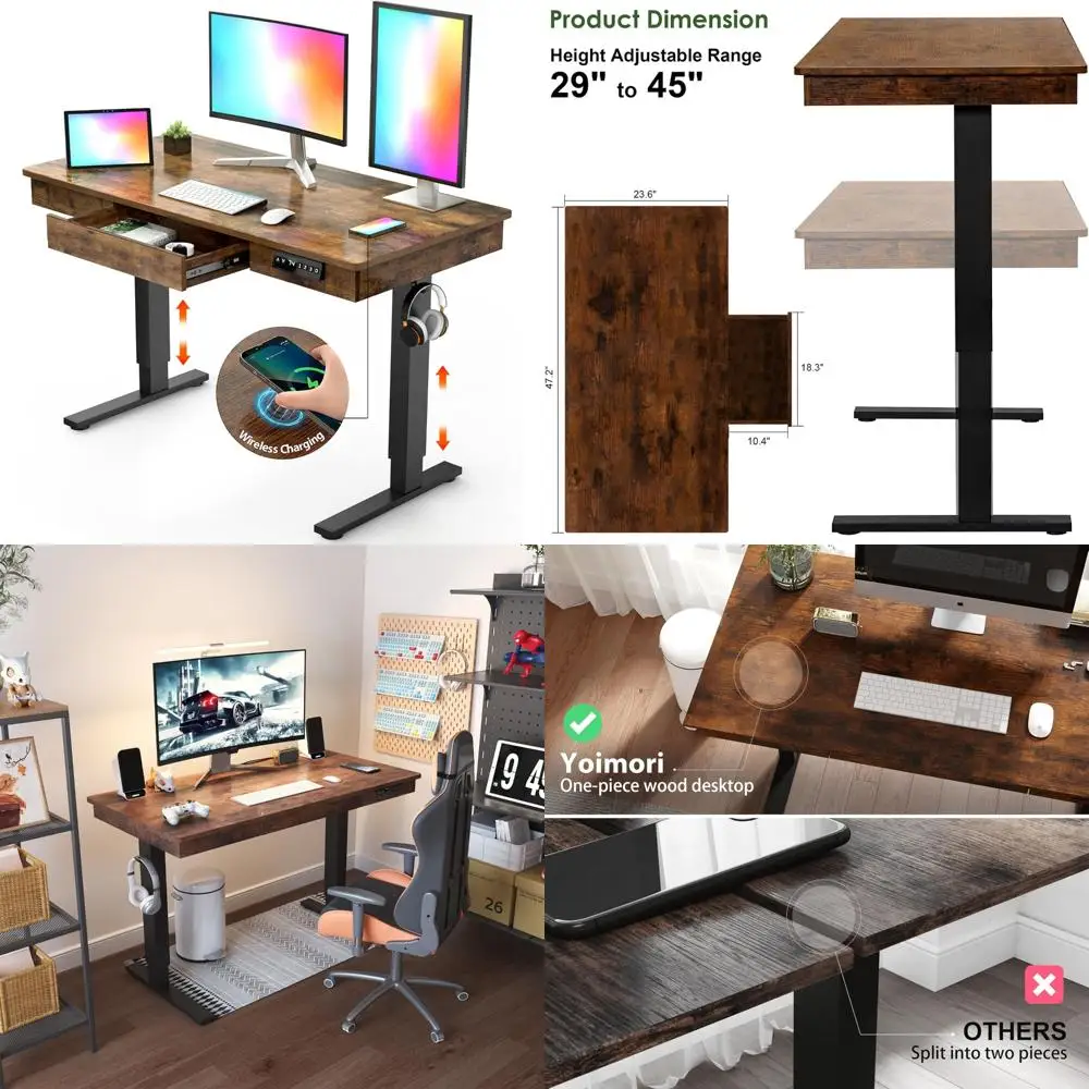 Adjustable Height Electric Desk, 48x24 with Wireless Charging & Storage Drawer, Solid Wood Surface