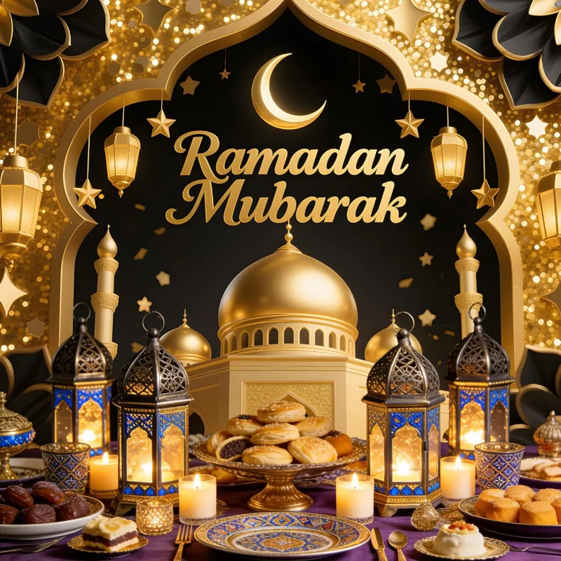VIKAMA Ramadan Mubarak Golden Mosque Tapestry - Islamic Lantern, Star Moon, Eid al Fitr Party Background Decoration
