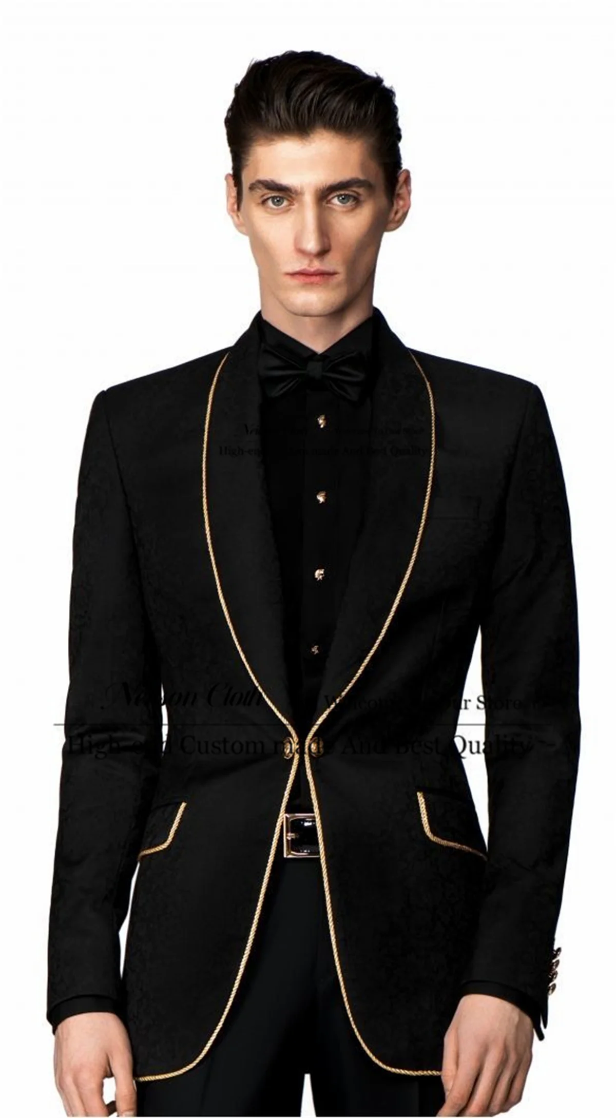

Black One Button Male Prom Blazers 2 Pieces Sets Slim Fit Groom Wedding Tuxedos Golden Edge Customized Shawl Lapel Costume Homme