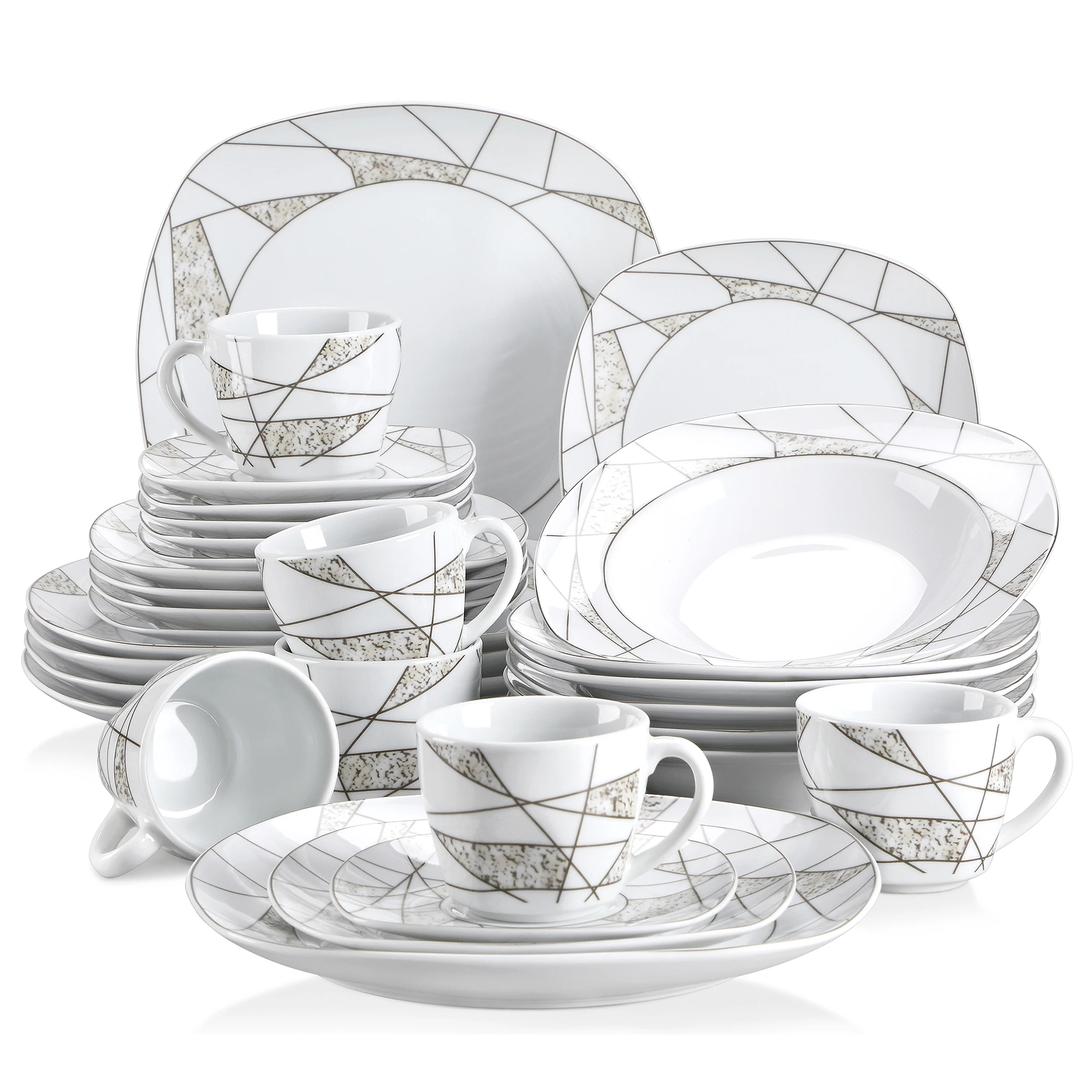 VEWEET SERENA 30-Piece Kitchen Porcelain Ceramic Dinner Set of Cups Saucers Dessert Plates Soup Plates Dinner Plates Cutlery Set