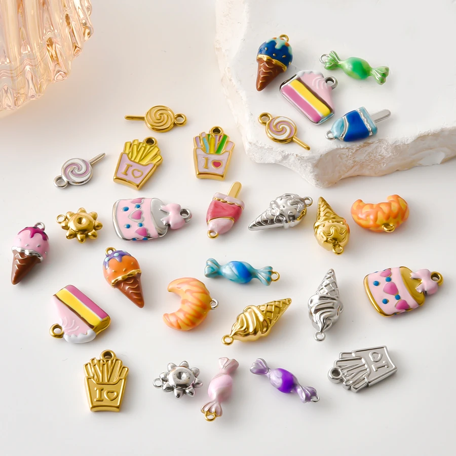7pcs/Lot Food Charms Popsicles Cakes French Fries Candy Ice Cream Stainless Steel Pendant DIY Women Men Keychain Jewelry Making