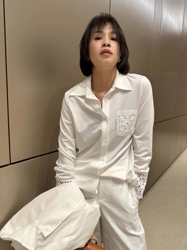 

Весна 2026: Женская рубашка с длинным рукавом и воротником, для повседневной носки, дышащая, из чистого хлопка, с дизайнерскими вставками и вырезами на рукавах