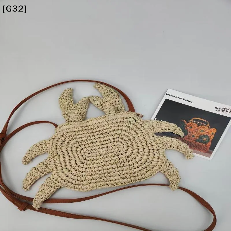 Crochet Straw Wov Bag Cute Crab Animal Crossbody Purse Mini Handbag Tote Casual Outdoor Pocket Bag Fresh Style Satchel Gift[G32]