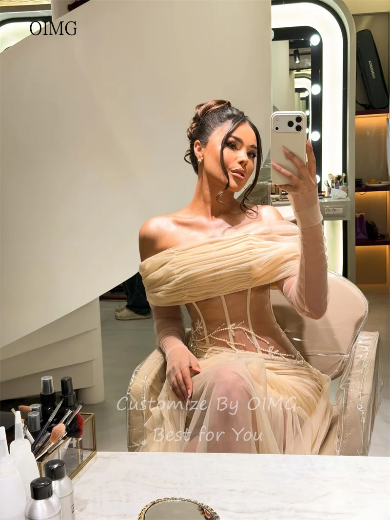 OIMG Pastrol Off The Shoulder Mermaid Prom Gowns Tulle Embroidered Pleated Party Gown Floor Length Evening Dress Customized