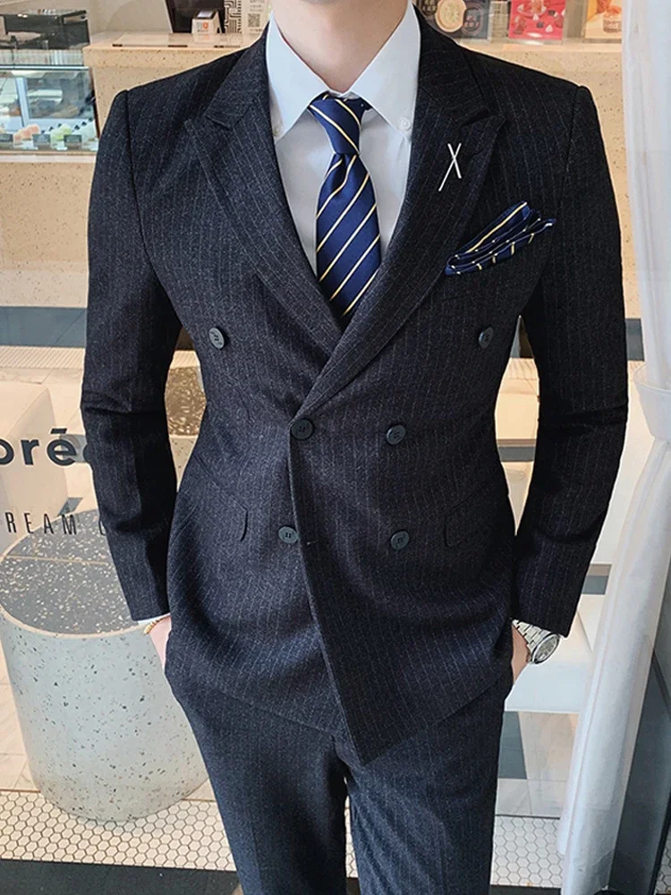 S-7XL ( Blazer + Vest + Pants ) Striped Plaid Solid Color Mens Formal Business Suit 3Pcs Set Groom Wedding Social Show Dress