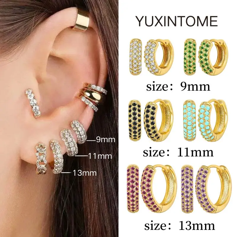 

925 Sterling Silver Needle 9/11/13mm Hoop Earrings For Women Luxury Colorful Zirconia Gold Earrings Fashion Jewelry Mom Gift