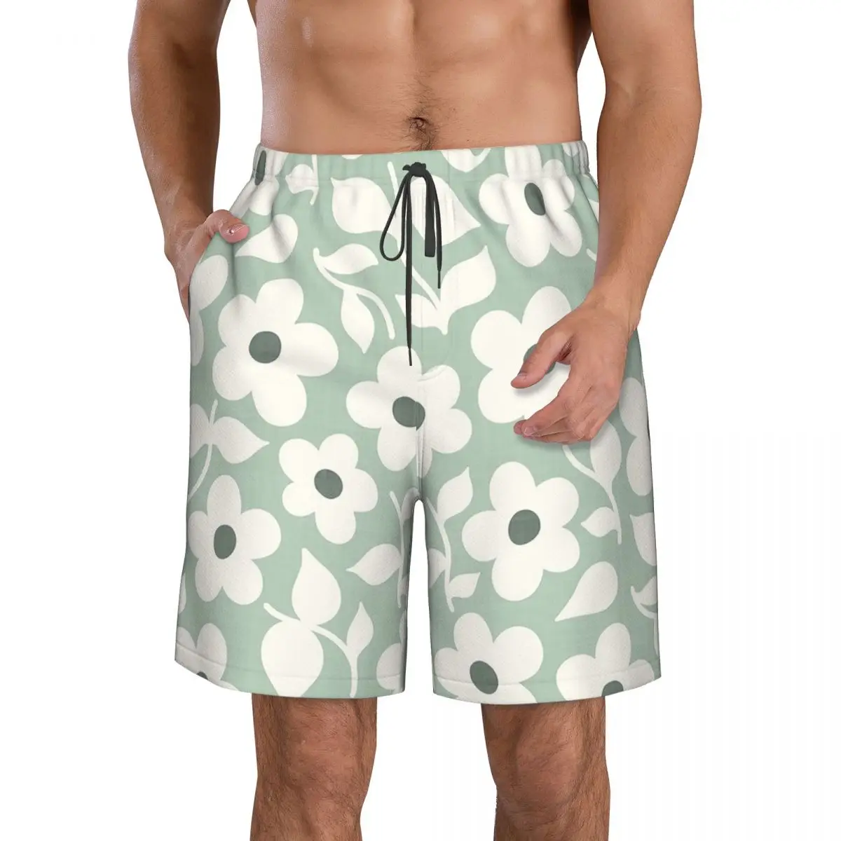 Bold Daisy Flowers Sage Green Playful Floral Design Trunks Beach Board Shorts Casual Quick Dry Swim Summer Men Pants