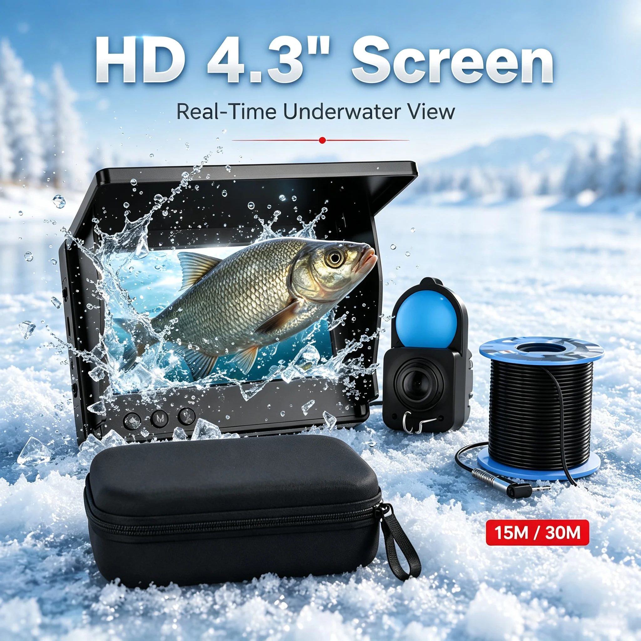 4.3 Inch IPS HD Ice Fishing Underwater Camera, Infrared Night Vision 15M/30M Cable Monitor for Winter Lake Fishing
