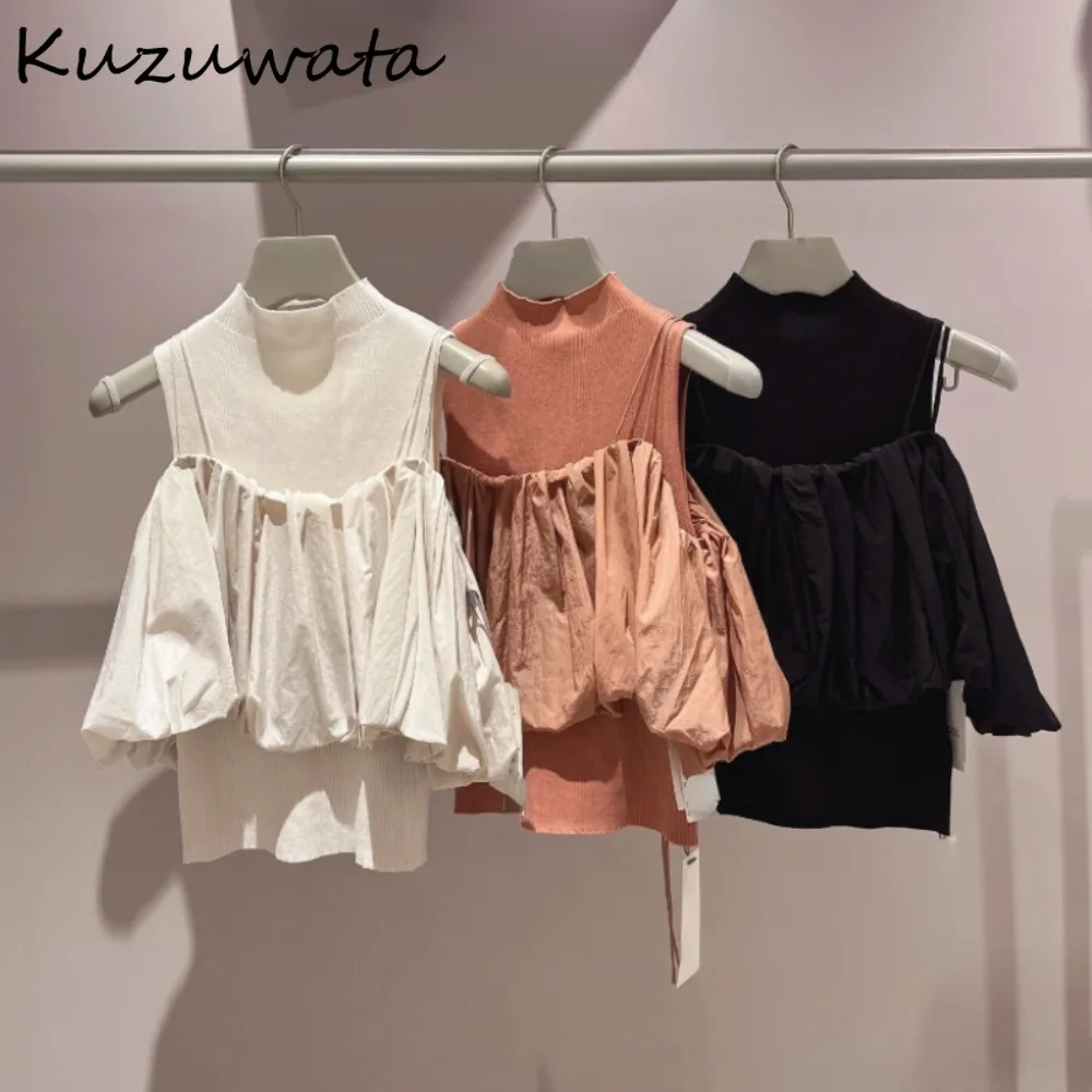 Kuzuwata Sleeveless Half-high Collar Sets Knit Vest Ruffles Petal Sleeve Sweet Off Shoulder Ruched Sling Japan New All-match Top