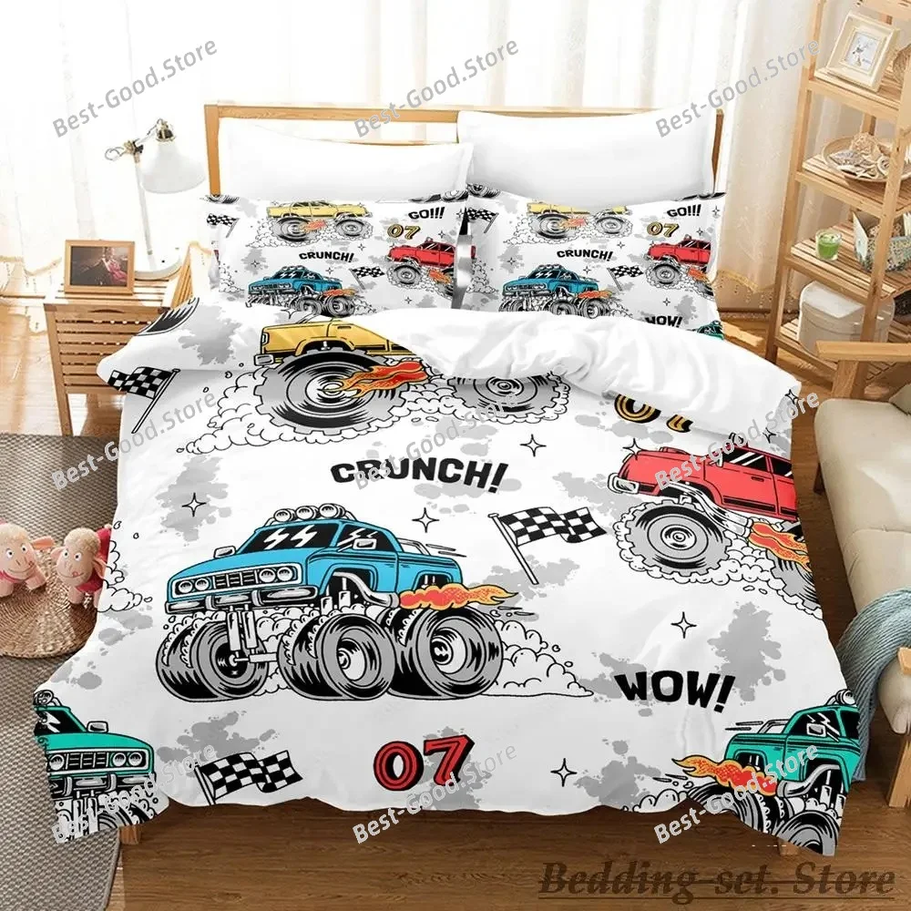 New Kawaii Monster Trucks Bedding Set Cartoon Anime 3 piece Set Adult Kid Bedroom Duvetcover Sets Personality Boysgirls