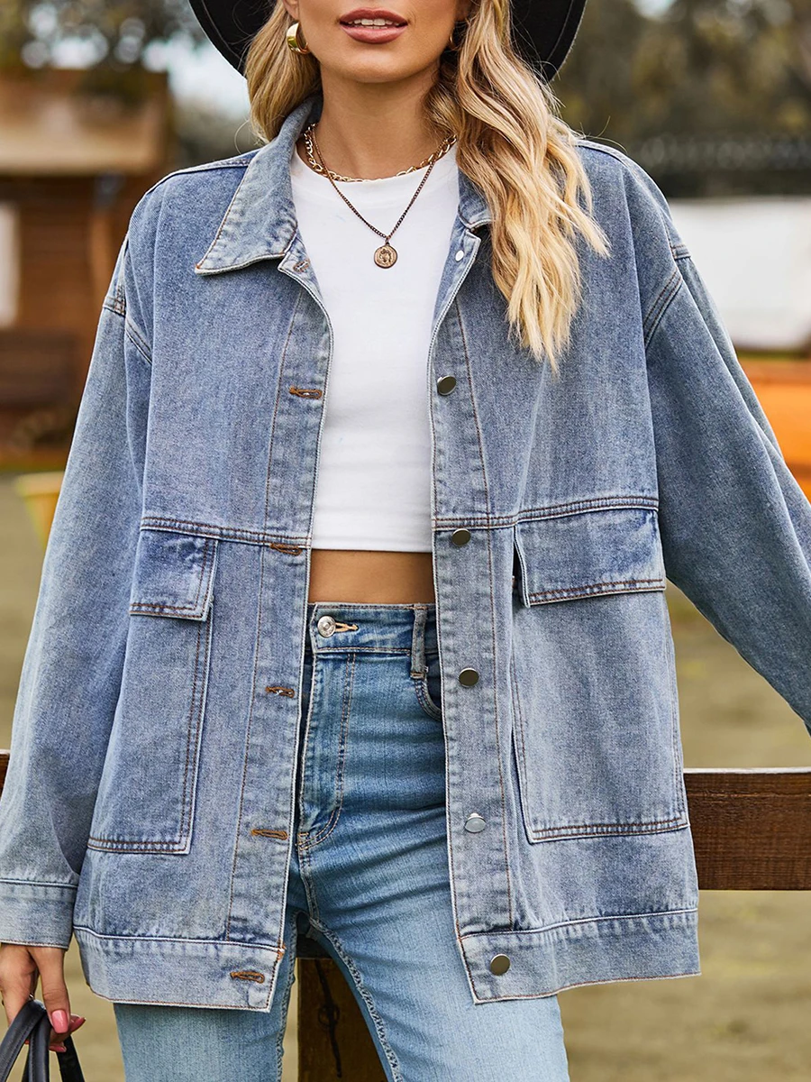 Women s Distressed Oversized Denim Jacket Vintage Long Sleeve Button Down Boyfriend Jean Jacket Biker Coat with Pockets