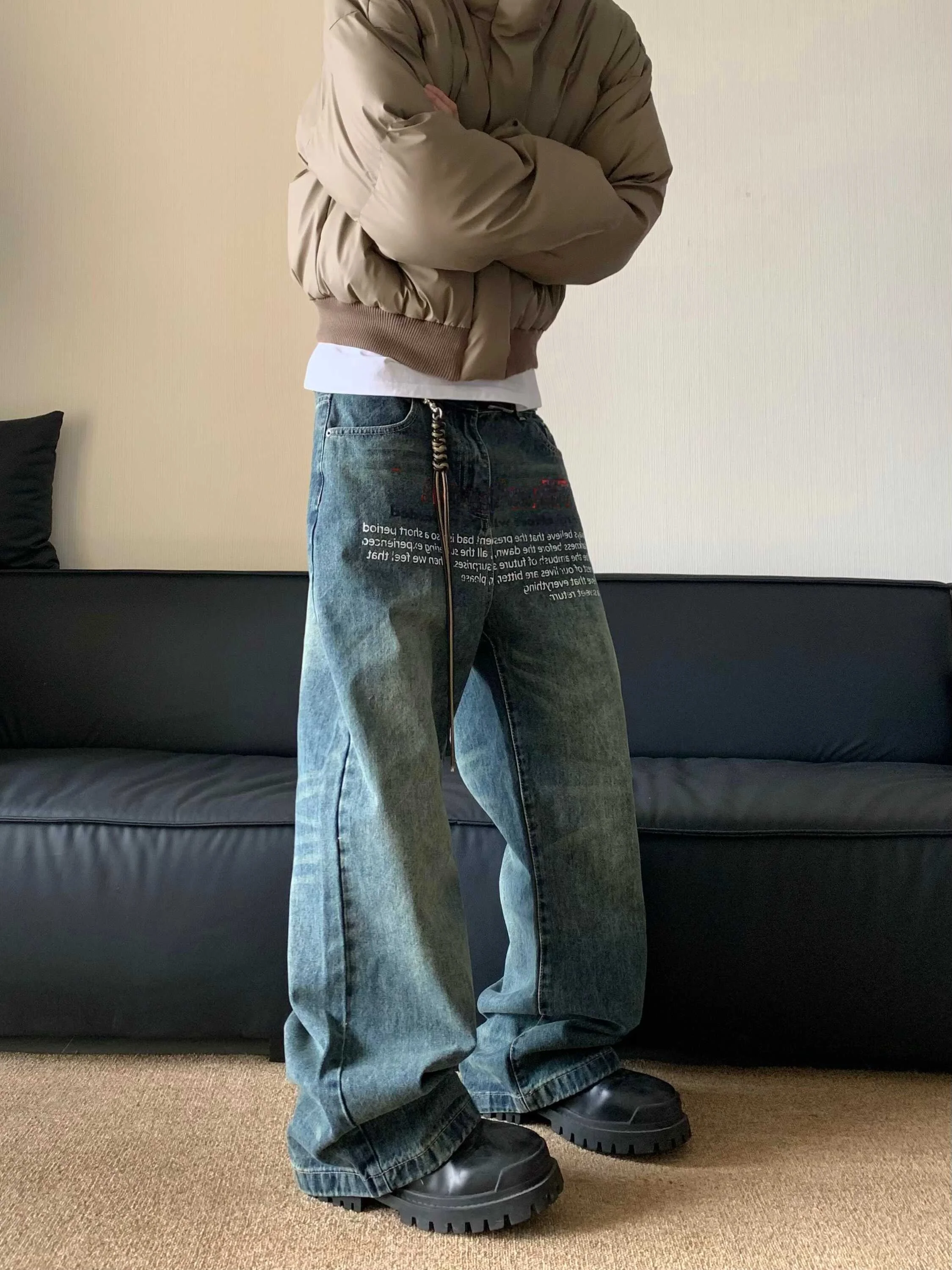 

Retro American Streetwear Printed Cool Haome Jeans Loose Straight Wide Leg Long Trousers for Men And Women Trendy Brand