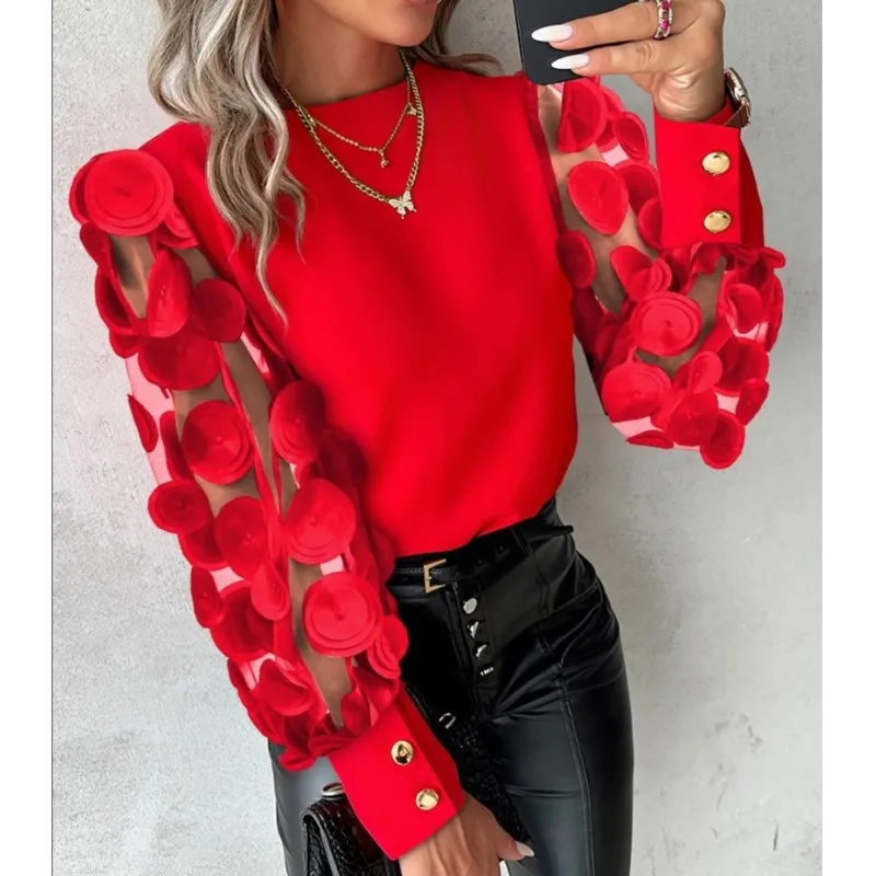 

Fashion Lantern Sleeve Button Splicing Shirt Women Elegant Office Commuter O Neck Blouse Female Autumn Spring Daily Casual Tops