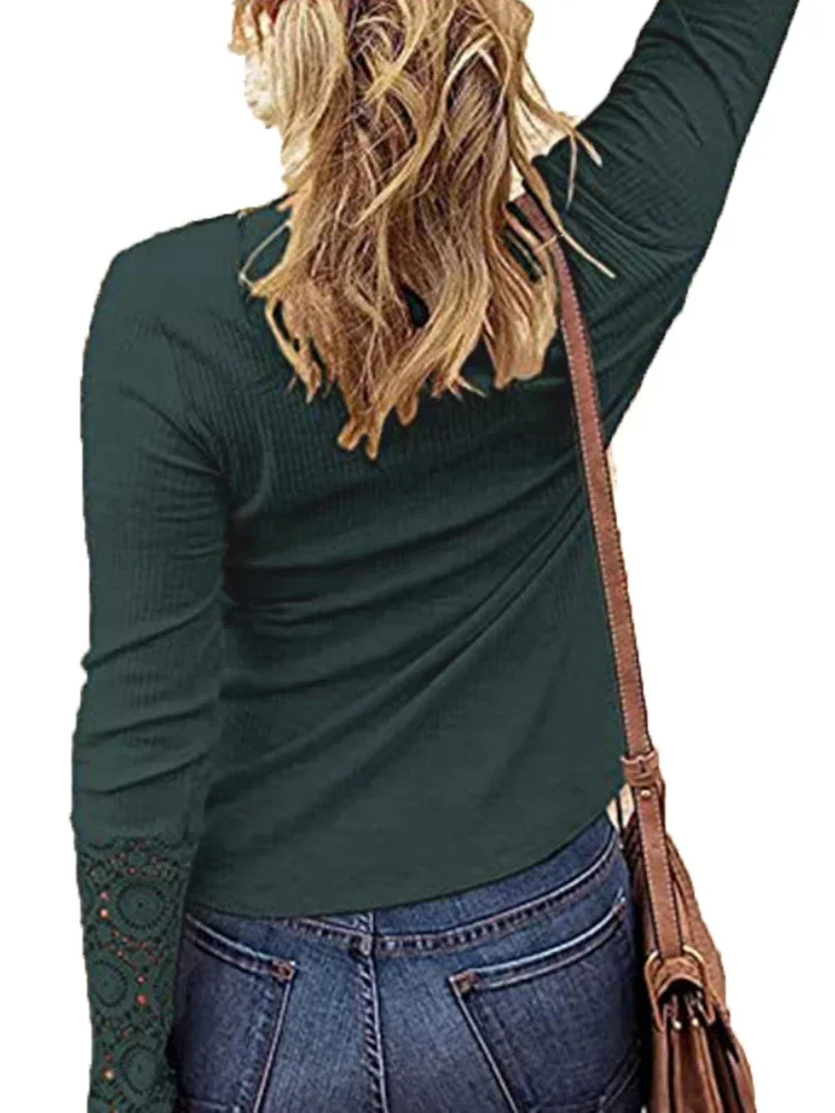 Women Long Sleeve Round Neck Solid Stitching Lace Loose T-shirt for Spring