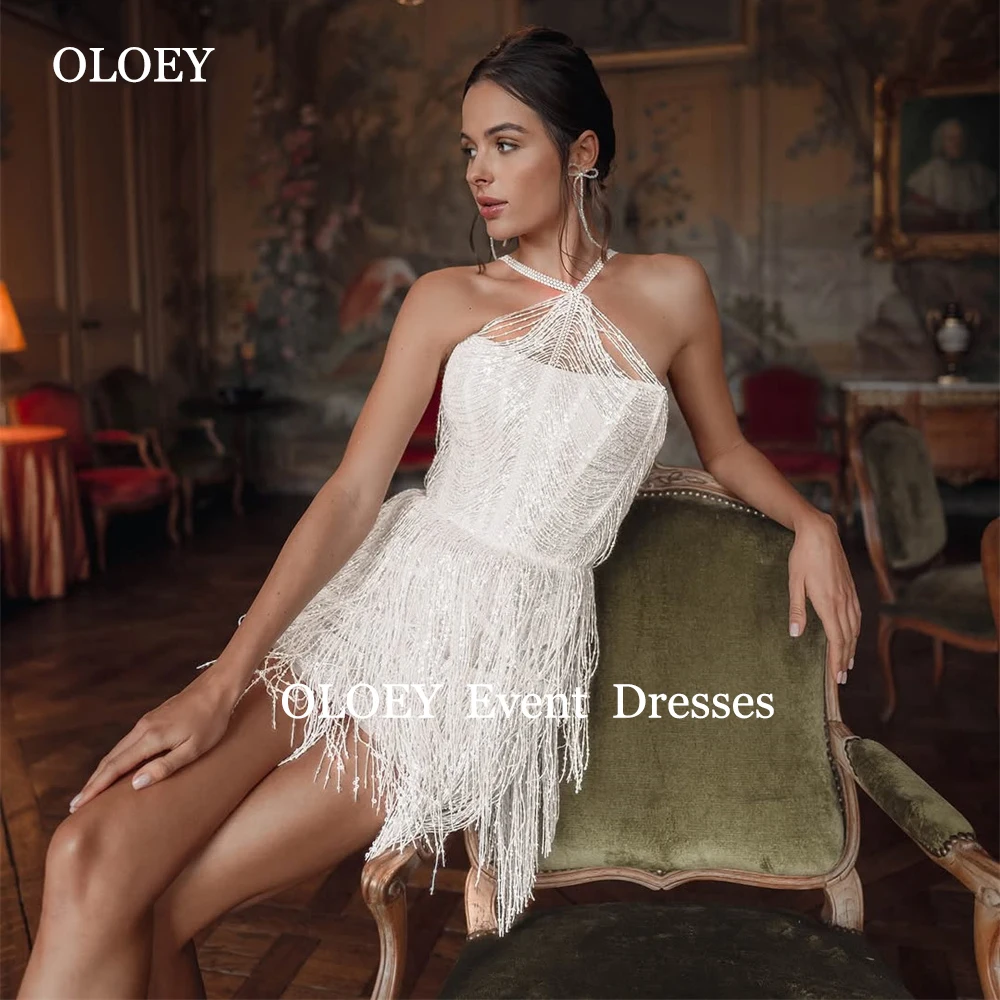 OLOEY Sexy Tassel Short Wedding Dresses Sleeveless Halter Mini Bridal Gowns Customized Layered Zipper Back Vestidos De Novia