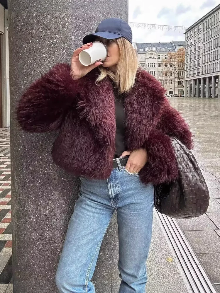 أنيقة عصرية بورجوندي فو الفراء للنساء شتاء دافئ الراقية التنقل مزاجه قصيرة بسيطة ملابس خارجية مريحة