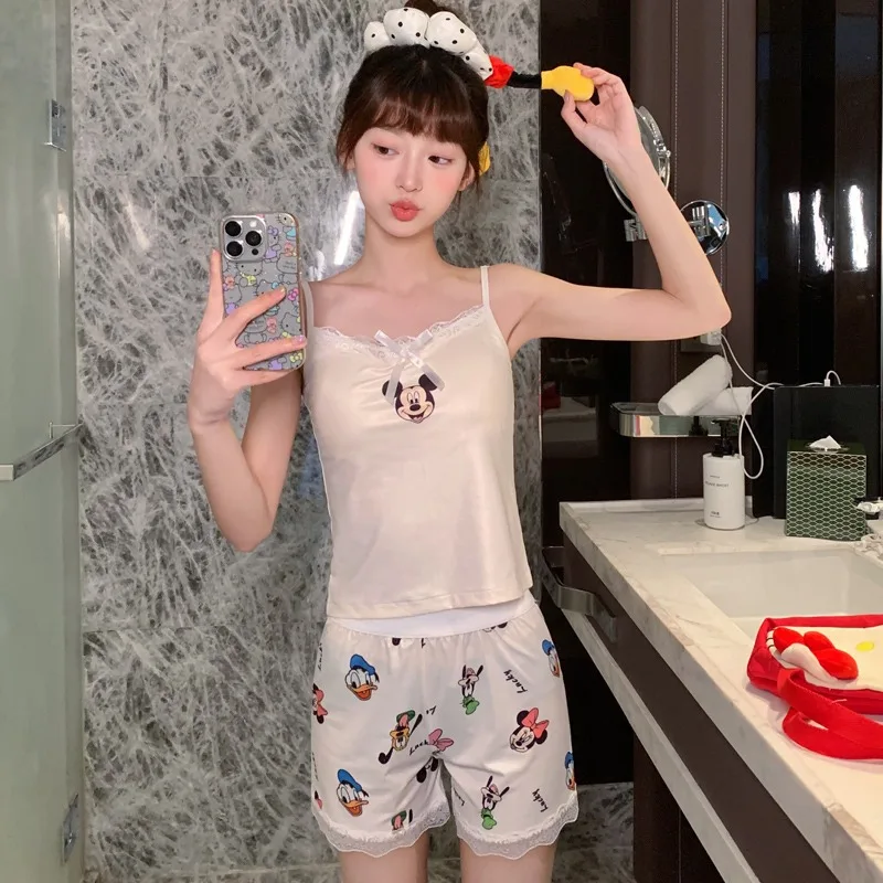 

New Mickey Mouse pajamas summer ice silk sleeveless suspenders shorts cute two-piece cartoon Disney loungewear with chest pads