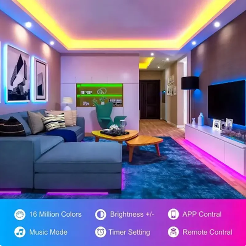 

Светодиодная лента 2024 RGB5050 с управлением через приложение, меняющая цвет, гибкая лента для декора комнаты, спальни, телевизора, Диодная Подсветка