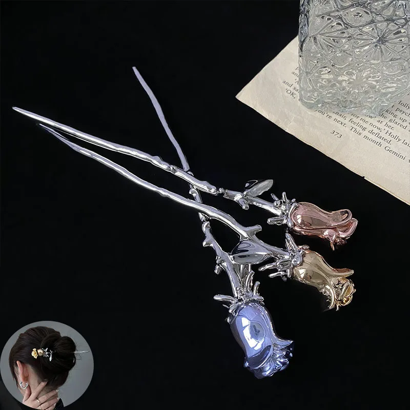 

Vintage Chinese Style rose flower Hairpins Hair Stick Women Metal Hair Fork Hair Chopsticks Woman Jewelry Hair Clip Accessories