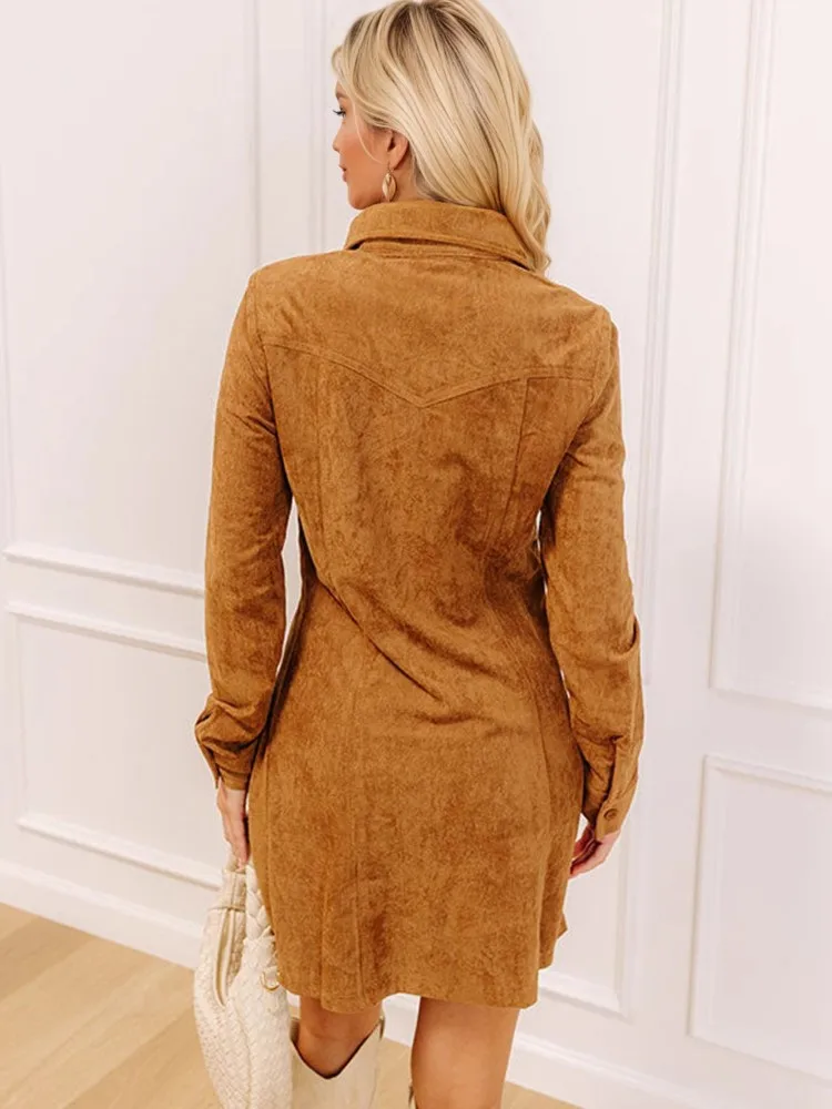 الخريف الغزلان الجلد المخملية قمصان فستان قصير المرأة زهرة التطريز Modis الخصر النحيف قمصان للسيدات فساتين طويلة الأكمام فستان امرأة #4