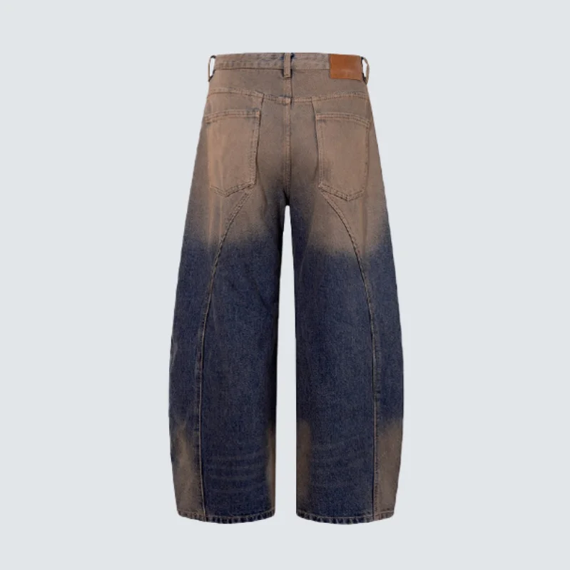 MWJLPWQ New Deconstructed Curved Knife Jeans Men Autumn Gradient Wash Distressed Street Style Loose Drapey Wide-Leg Pants 20155