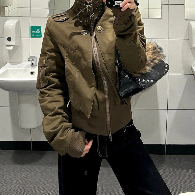 Retro Hong Kong Style Niche Design Buckle Stand Collar Short Waist Motorcycle Jacket Coat Autumn Slim and Versatile