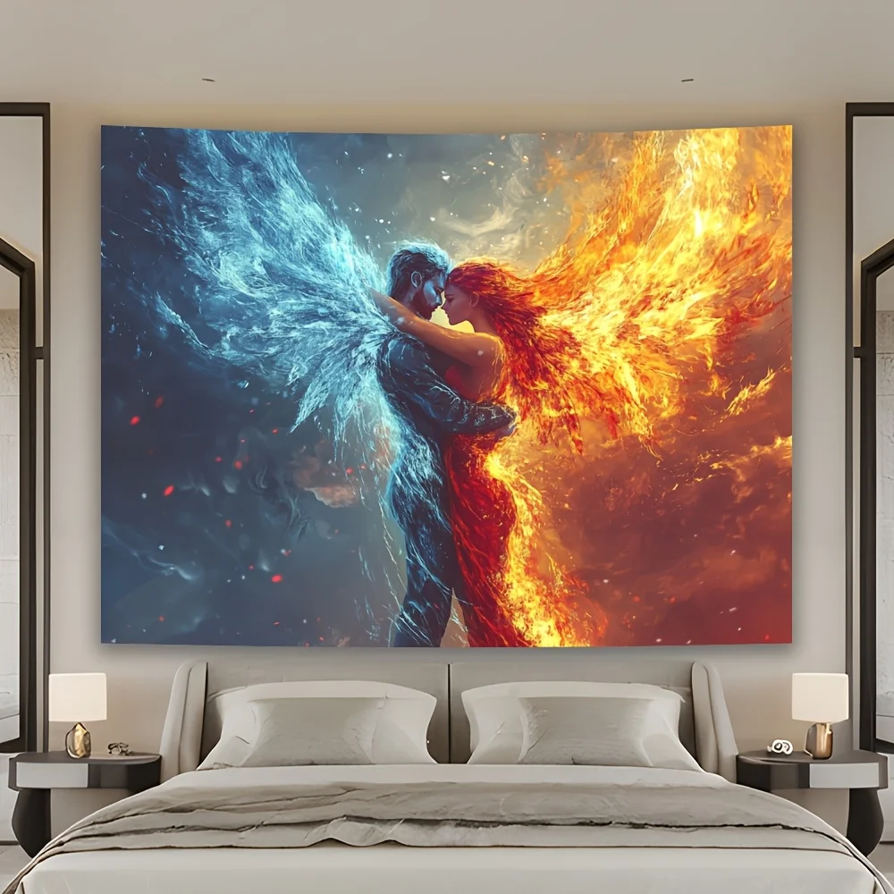 L'image de deux ailes, l'une représentant le feu et l'autre représentant l'eau bleu foncé.PMJ