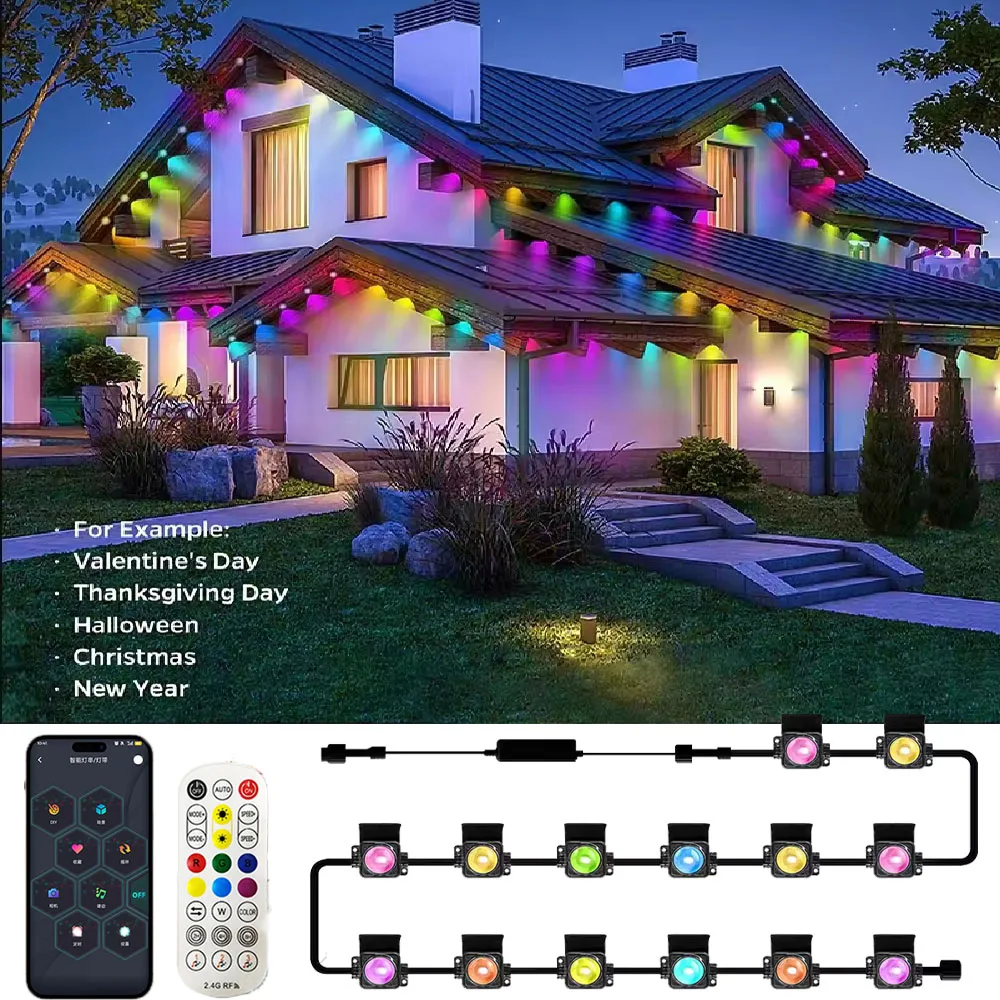 100/200/300ft Permanent Eaves LED Smart RGB Outdoor Led Lights for House with Remote Full House Eaves Light Christmas Holiday Decor Courtyard Festival Lights Fast Delivery