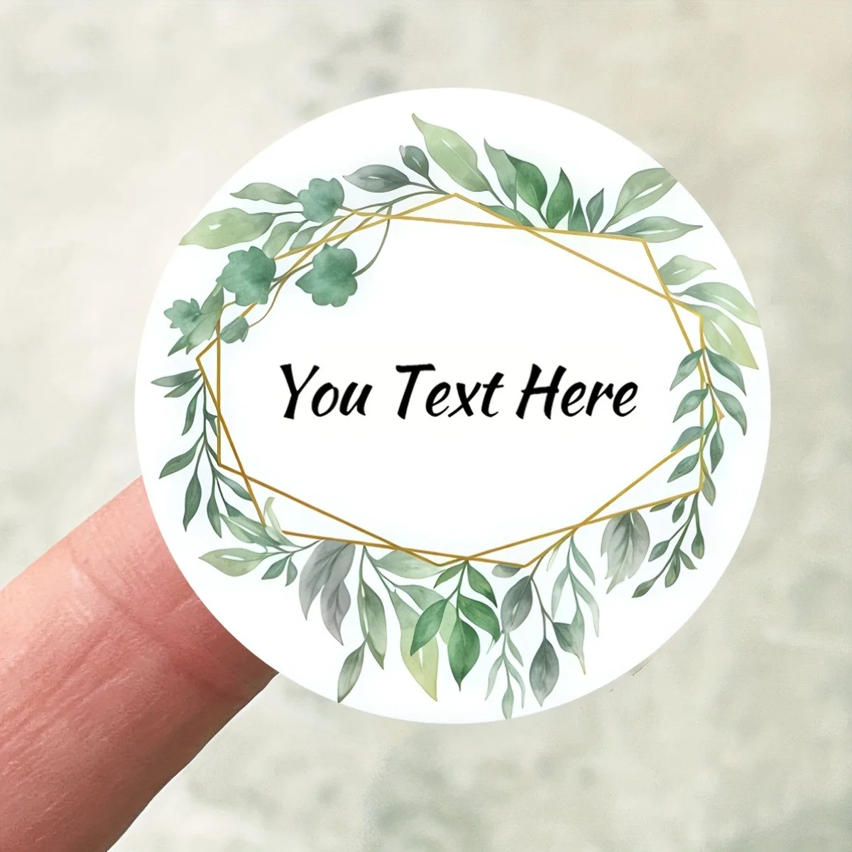 

200pcs Custom Round Green Foliage Gold Frame Stickers Personalized Text Labels For Gift Wrapping Party Favors