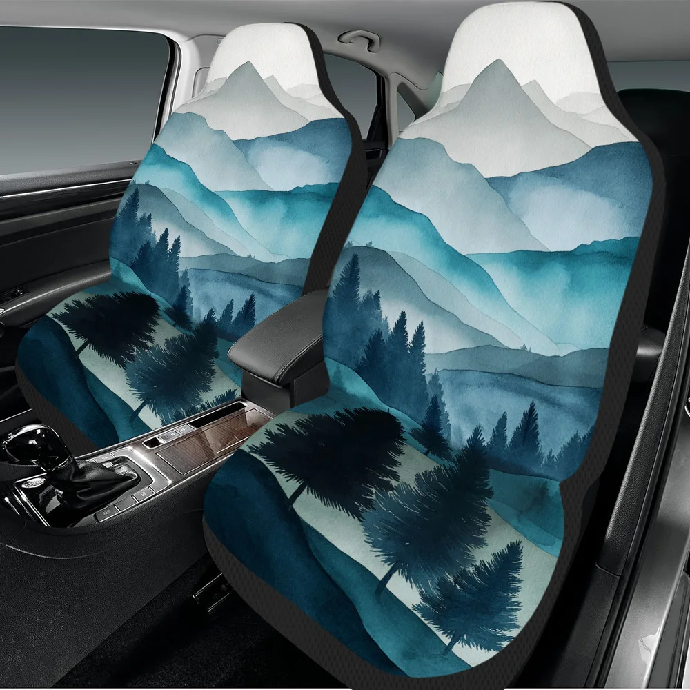 2pcs Winter Mountain Landscape Design Car Seat Cover Set For Most Cars – Trendy, Durable, High-Quality Seat Protectors, Fit, E