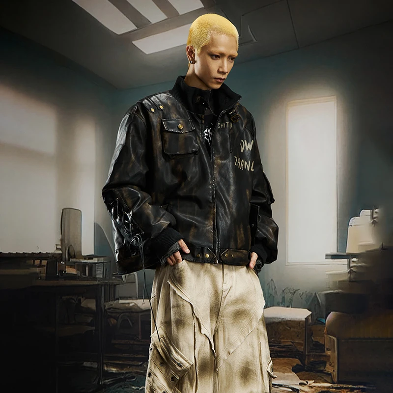 LUZHEN الأصلي خمر نمط التعادل مصبوغ جيوب تزيين الدراجات النارية سترة جلدية الرجال 2025 الشتاء الدافئة مبطن الملابس JY4958 #4