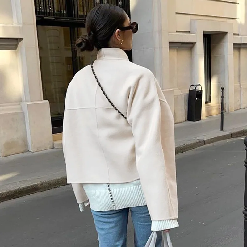 Women Stand Collar Short Wool Coat Open Front Loose Drop Shoulder Batwing Sleeve Elegant Double Faced Outerwear